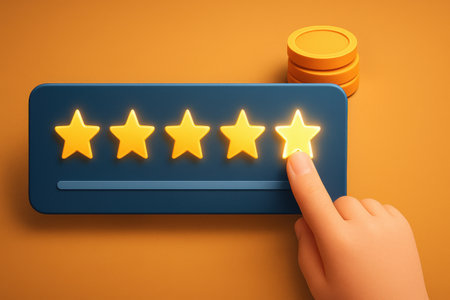 3d illustration of hand clicking five star rating button over orange backgroundの素材