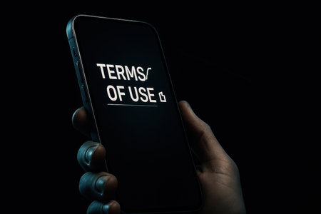 Hand holding smart phone with Terms of use on screen, Black backgroundの素材