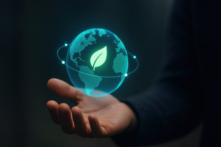 Businessman hand holding a glowing earth globe with a green leaf on dark backgroundの素材