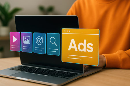 Ads concept shown on a laptop used by a person to sell products or servicesの素材