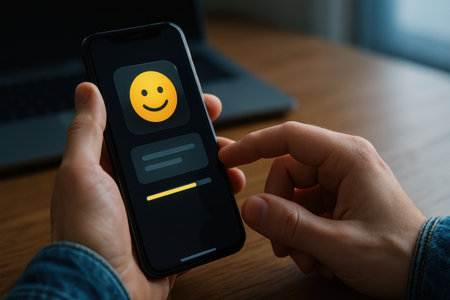 hand holding smart phone with smiley face icon on screen at tableの素材