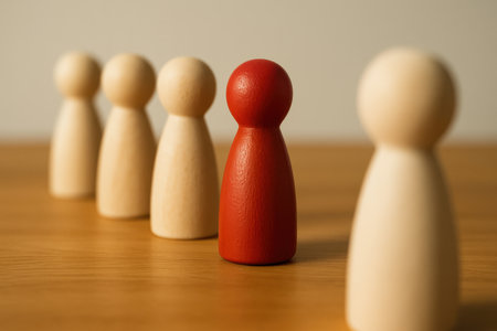 Red wooden figure standing out from the crowd. Business leadership concept.の素材