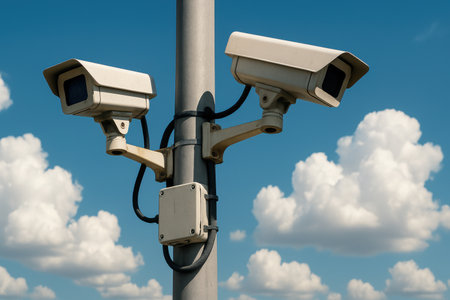 Security camera or surveillance system on blue sky background with white clouds.の素材