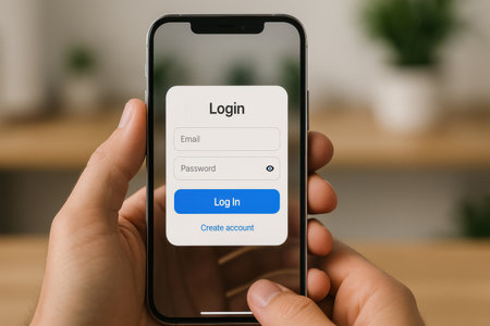 hand holding a smartphone with login and password on the screen in the officeの素材