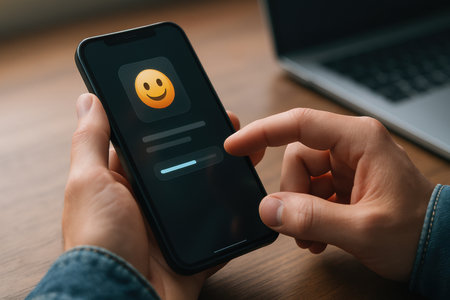 cropped shot of woman holding smartphone with smiley face on screenの素材