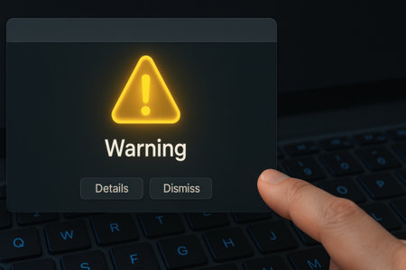 Finger pressing on a laptop screen with warning sign. 3D rendering.の素材