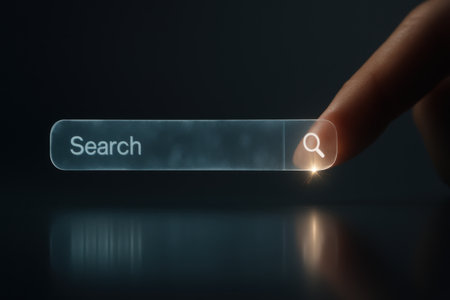 Finger touching virtual search bar on dark background. Internet and technology concept.の素材