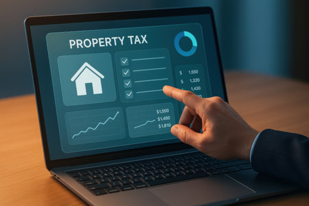 Property tax concept on laptop screen. Business, internet and technology concept.の素材