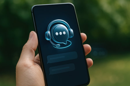female hand holding smartphone with call center icon on screen over blurred green backgroundの素材