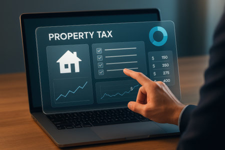 Property tax. Business, internet and technology concept. Businessman working with laptop.の素材
