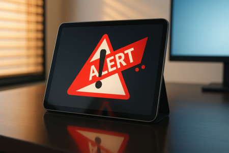 Tablet pc with alert sign on screen. 3D rendering.の素材