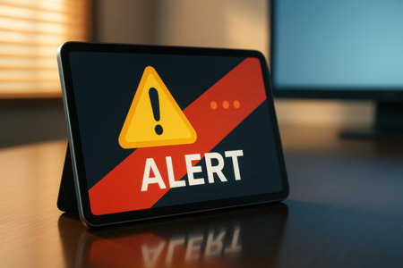 Alert concept on digital tablet screen. 3D rendering toned imageの素材