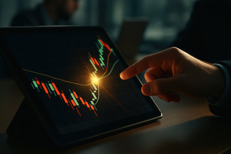 Close up of businessman using tablet with candlestick chart on blurry backgroundの素材