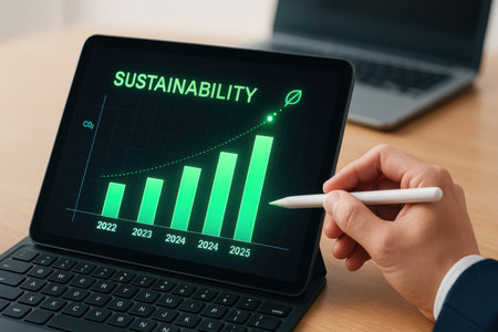 businessman with pen and tablet with financial graph on screen at tableの素材