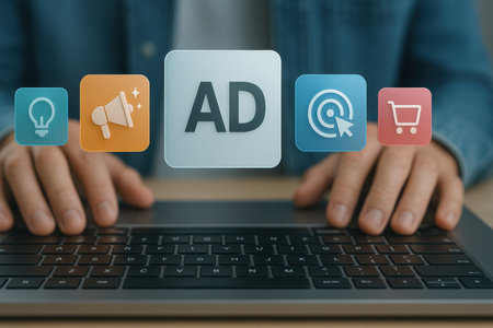 Man using laptop with ad icon on screen. Marketing and advertising conceptの素材