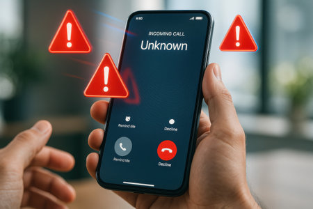 Smartphone with warning alert notification on the screen in the hands of a manの素材