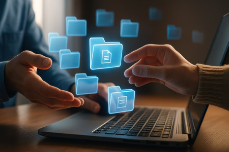 Man working with laptop at table, closeup. Data storage conceptの素材