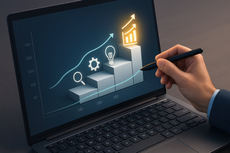 Businessman drawing a growing graph with a pen on a laptop screenの素材