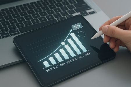 hand drawing a graph on a digital tablet, business and technology conceptの素材