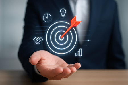 Businessman hand pointing at a target on the virtual screen. Success conceptの素材