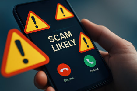 Smartphone with scam alert concept in a hand held by a manの素材