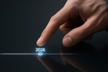 Hand touching 2020 button on virtual screen. Business and technology concept.の素材