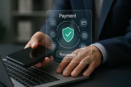 PROMOTION SECURITY CONCEPT. Businessman using smart phone and laptop computer.の素材