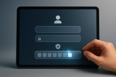 male hand is holding tablet pc with login form on the screen.の素材