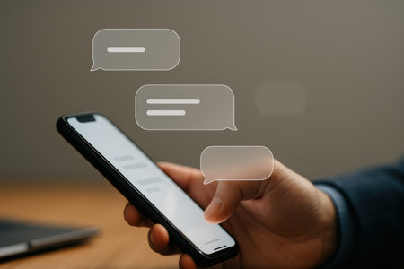 communication, social network and people concept - close up of man hand with smartphone and speech bubblesの素材