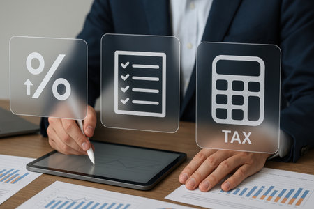 Businessman using tablet computer with tax icons on screen. Accounting concept.の素材