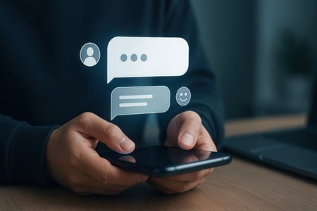 Man using smartphone with chat icon on screen. Communication and technology conceptの素材