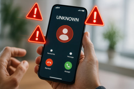 unrecognizable man using smartphone with warning signs on screen in officeの素材