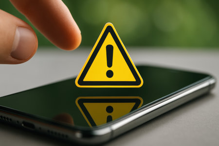 Finger touching a smartphone with a warning sign on the screen.の素材