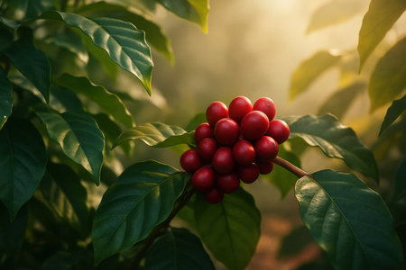 Coffee beans ripening on a tree in a coffee plantationの素材