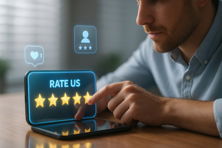 Man using tablet with rating service on screen at table indoors, closeupの素材