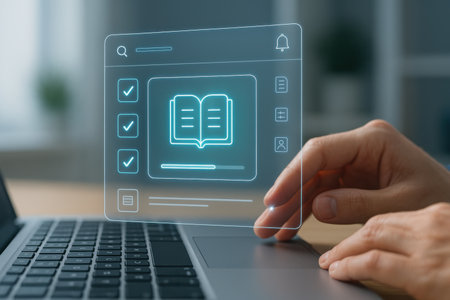 male hand working with laptop computer and book icon on screen at officeの素材