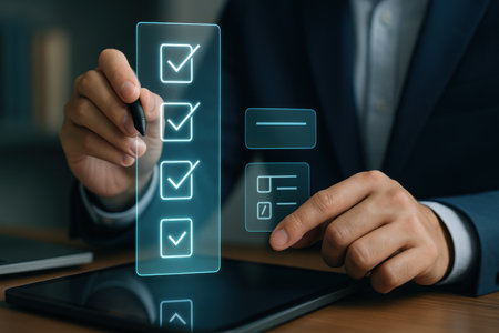 businessman hand working with tablet computer and checklist icon on virtual screenの素材