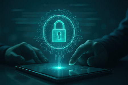 Cyber security concept with padlock icon and man using tablet computerの素材