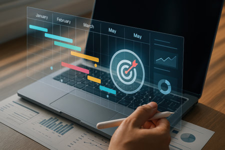 Marketing strategy. Business and technology concept. Virtual screen with copy space.の素材