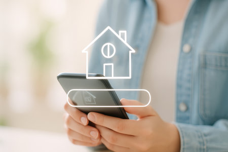 Woman using mobile phone with house icon on screen at home, closeupの素材