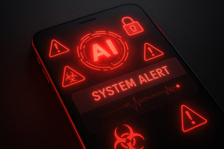 Smartphone screen with warning sign and warning symbols. 3D rendering.の素材
