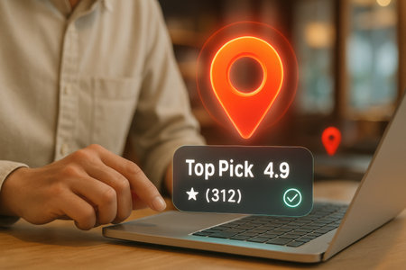 Man using laptop with location pin on screen. Online shopping concept.の素材