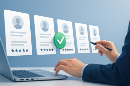 business, people, technology and internet concept - close up of woman with laptop computer and customer satisfaction survey form on screenの素材