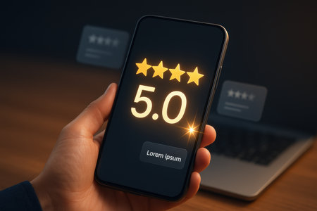 Hand holding a smartphone with 5 star rating on the screen. Feedback concept.の素材