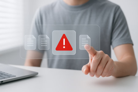 Businessman pressing warning button on virtual screen. Internet and technology concept.の素材