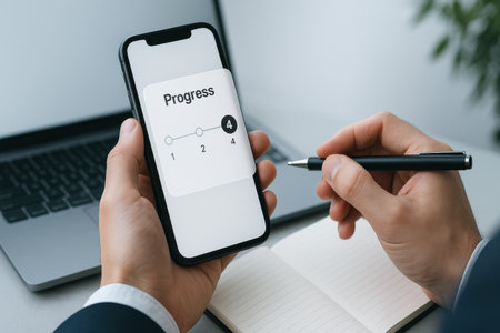 cropped shot of businessman using smartphone with progress bar on screen in officeの素材