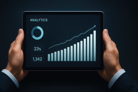 Hand holding tablet with graphs and charts on the screen. Business and technology concept.の素材