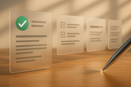 Checklist with pen on wooden table. 3d render. Business conceptの素材