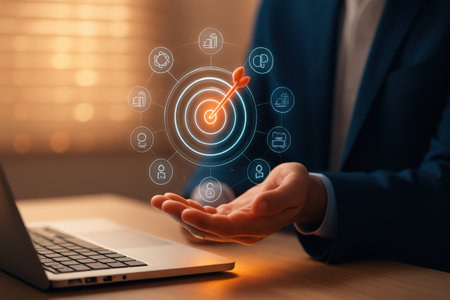 Businessman hand working with laptop and digital marketing icons on screen.の素材