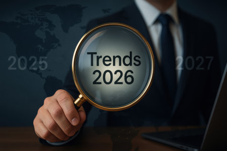 Businessman in suit looking through a magnifying glass on trends 2020の素材
